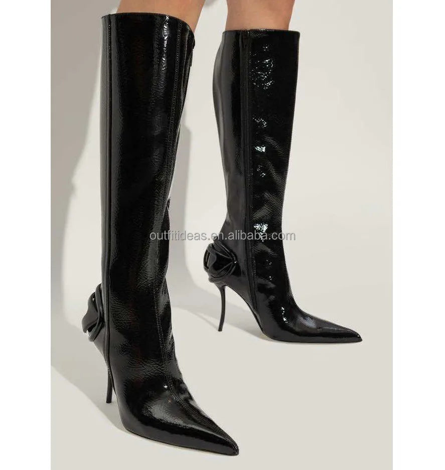Sharply Pointed Toe Original Genuine Leather Luxury Side Zip Sexy Women D-Ten & Half-Glossy 105mm Stiletto Heel Knee-high Boots