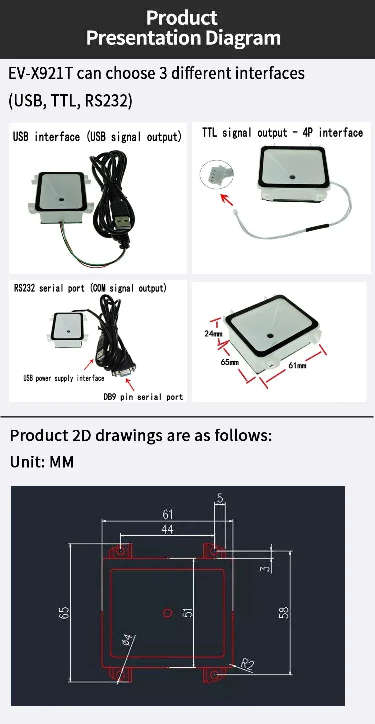 RS232 USB TTL 2D Barcode Scanner Module Embedded mini size scanning module Automatic intelligent sensitive sensing 2D QR reader