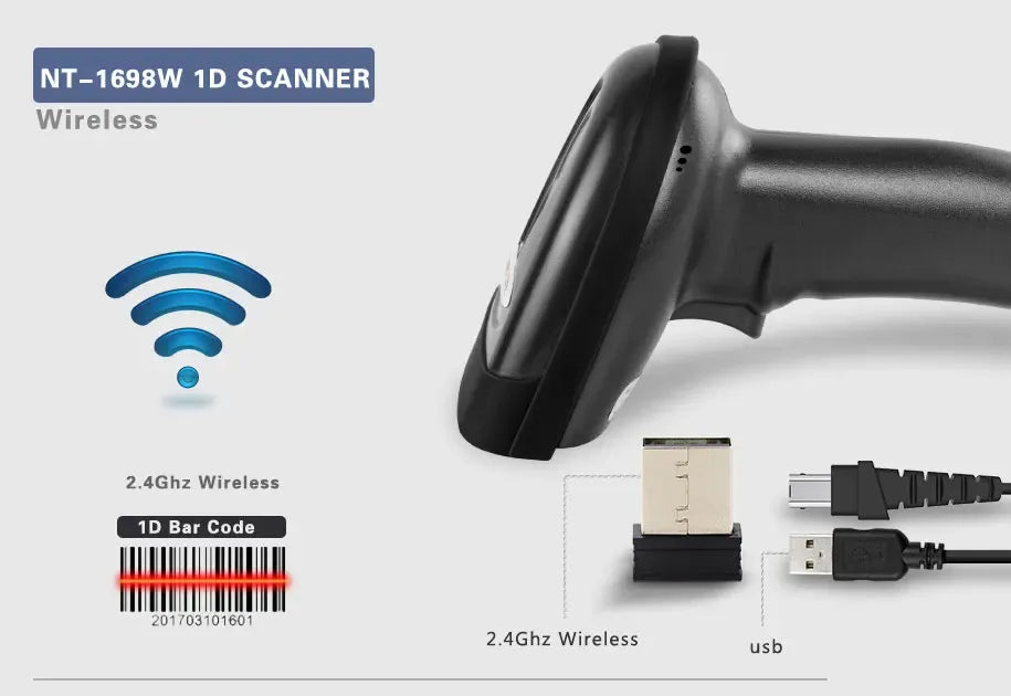 Wireless handheld 1D barcode scanner with USB receiver and 2.4G wireless indicator