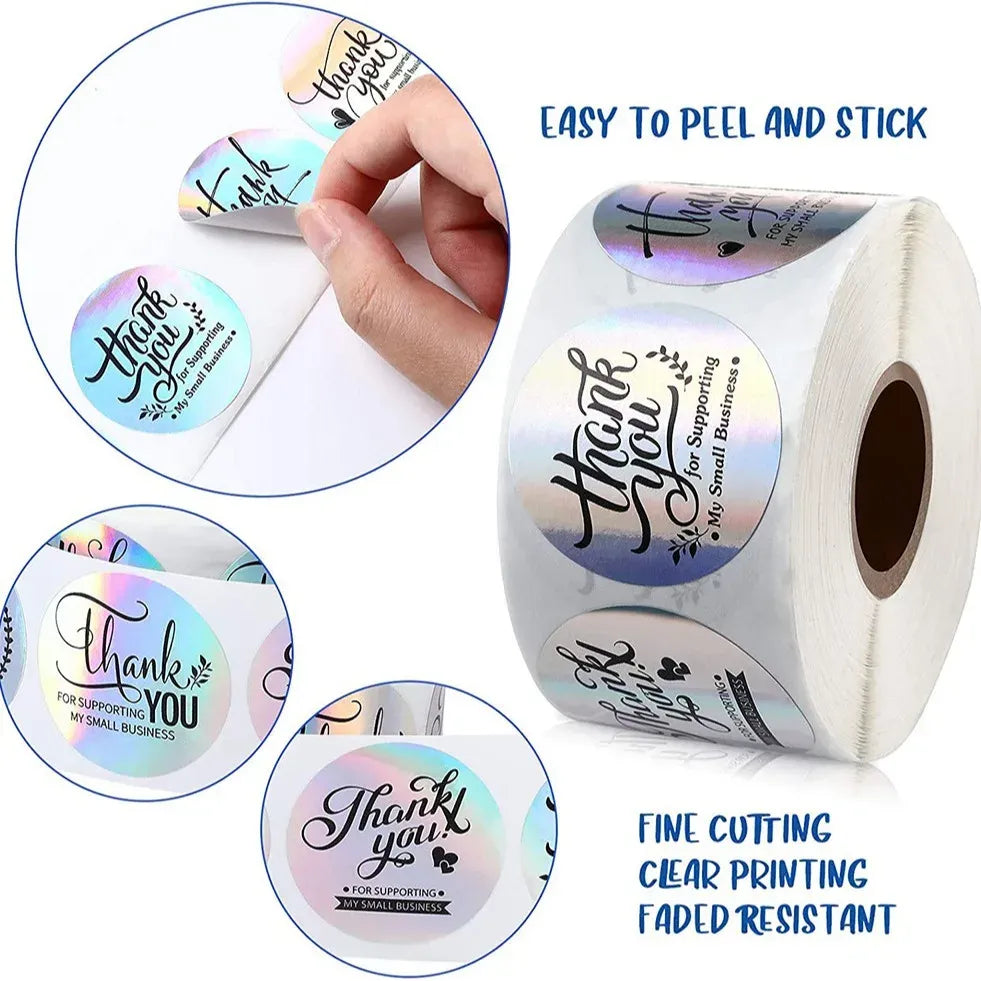 Holographic thank-you label sticker roll, easy-peel design with clear script printing