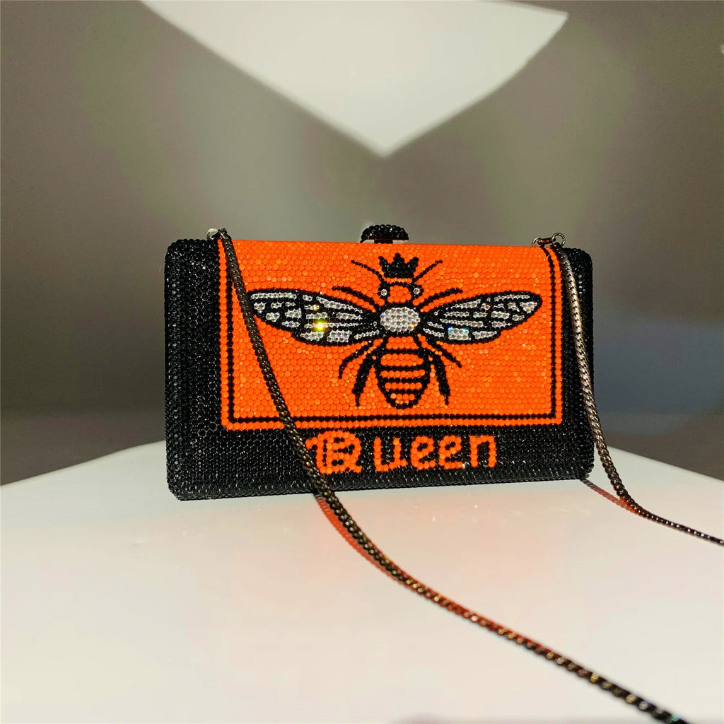 OC4263 Sparkly Rhinestone Evening Clutch For Women Hard Shell Metallic Bee Pattern Purse With Detachable Chain