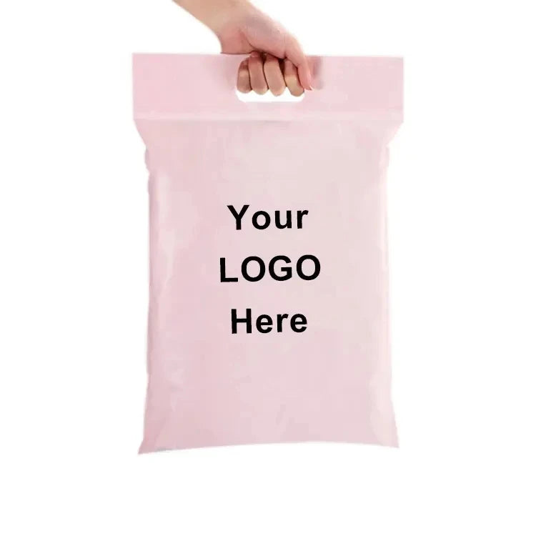 Pink poly mailer shipping bag with handle and “Your Logo Here” print