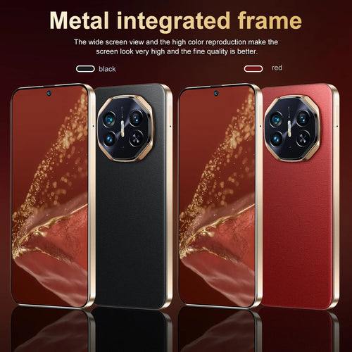 Smartphones in black and red with metal frames and octagon rear quad-lens cameras.