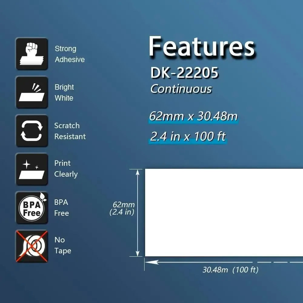 Label tape feature icons and dimensions graphic layout