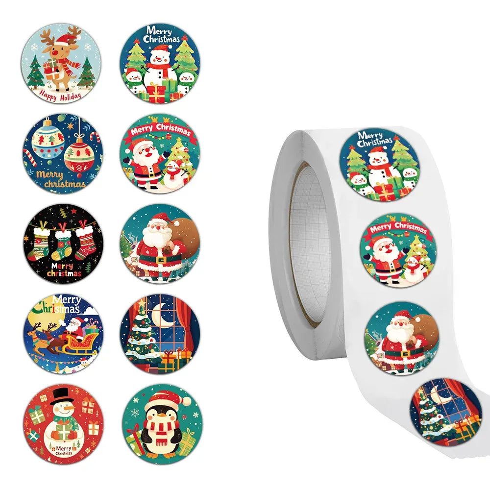 Roll of multicolor round Merry Christmas stickers with adhesive backing, assorted character designs