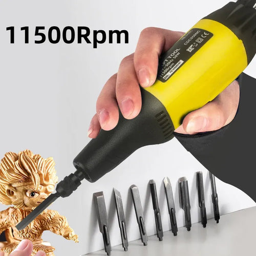 Electric woodcarving chisel tool with yellow-and-black grip and multiple metal chisel bits