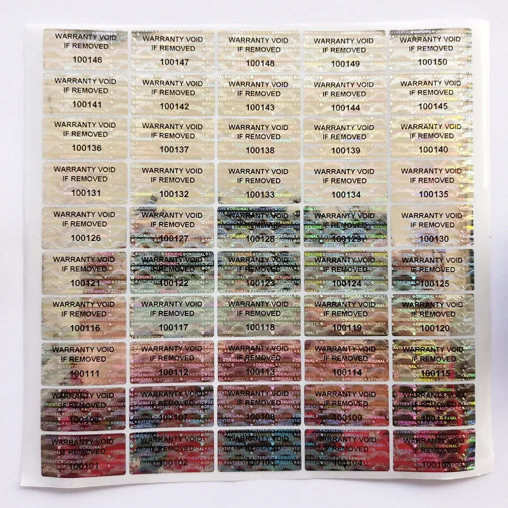 Full sheet of holographic tamper-evident warranty void label stickers with serial numbers