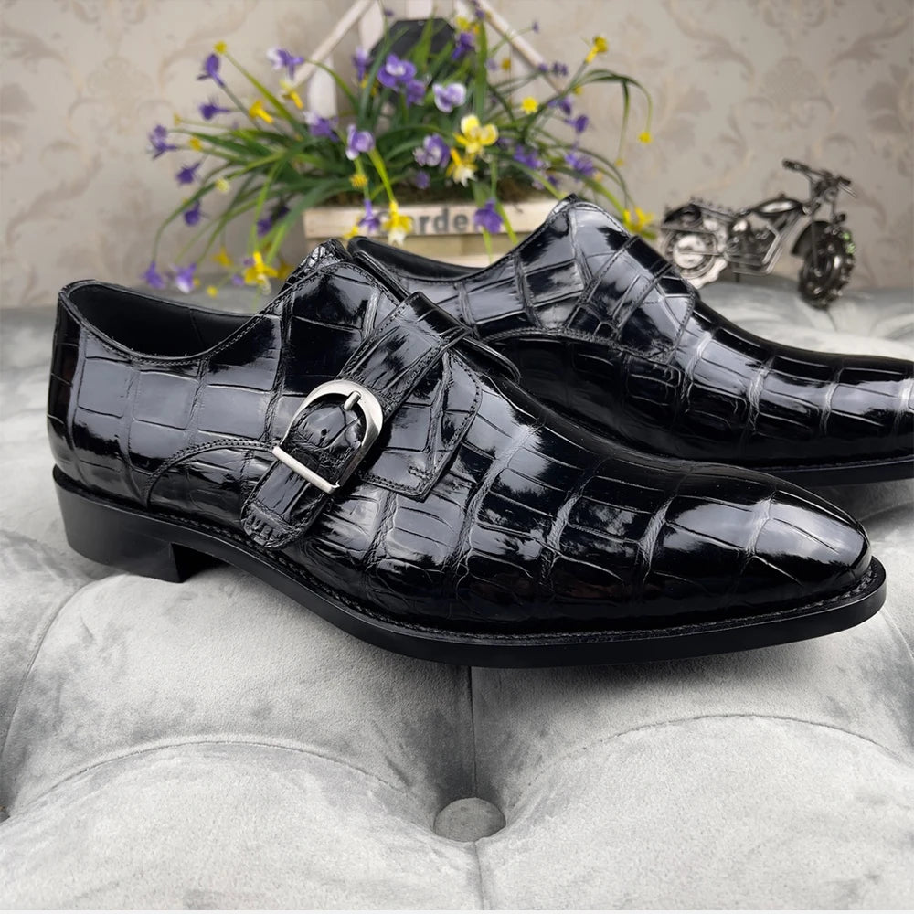 Newest Black Men Shoes Leather Comfort Slip-On High-end Handmade Men Dress Shoes Monk Strap Genuine Crocodile Leather Men Shoes