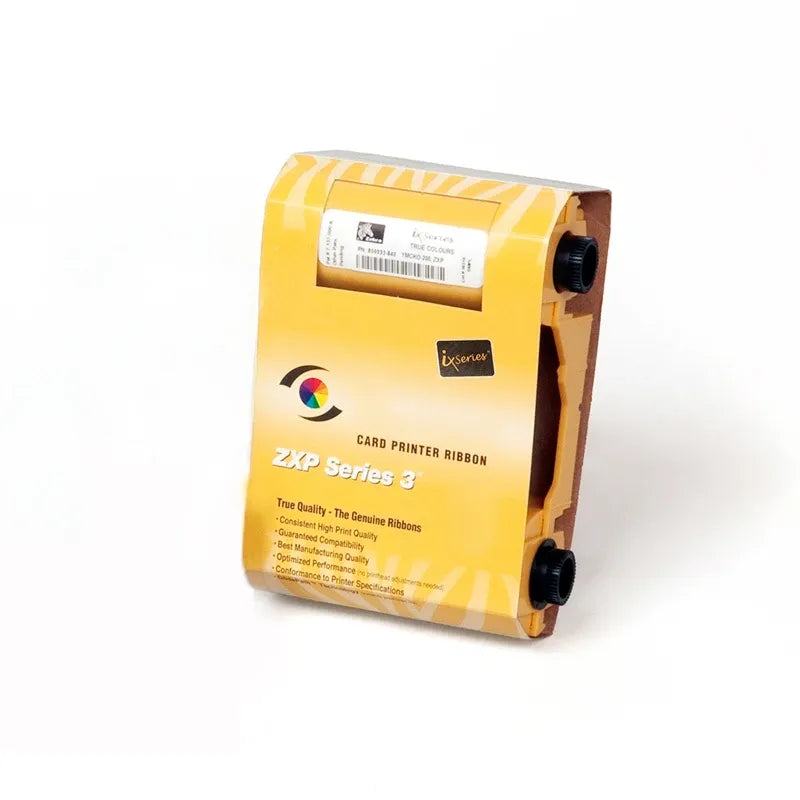 Yellow thermal transfer printer ribbon cartridge with printed label and two reels
