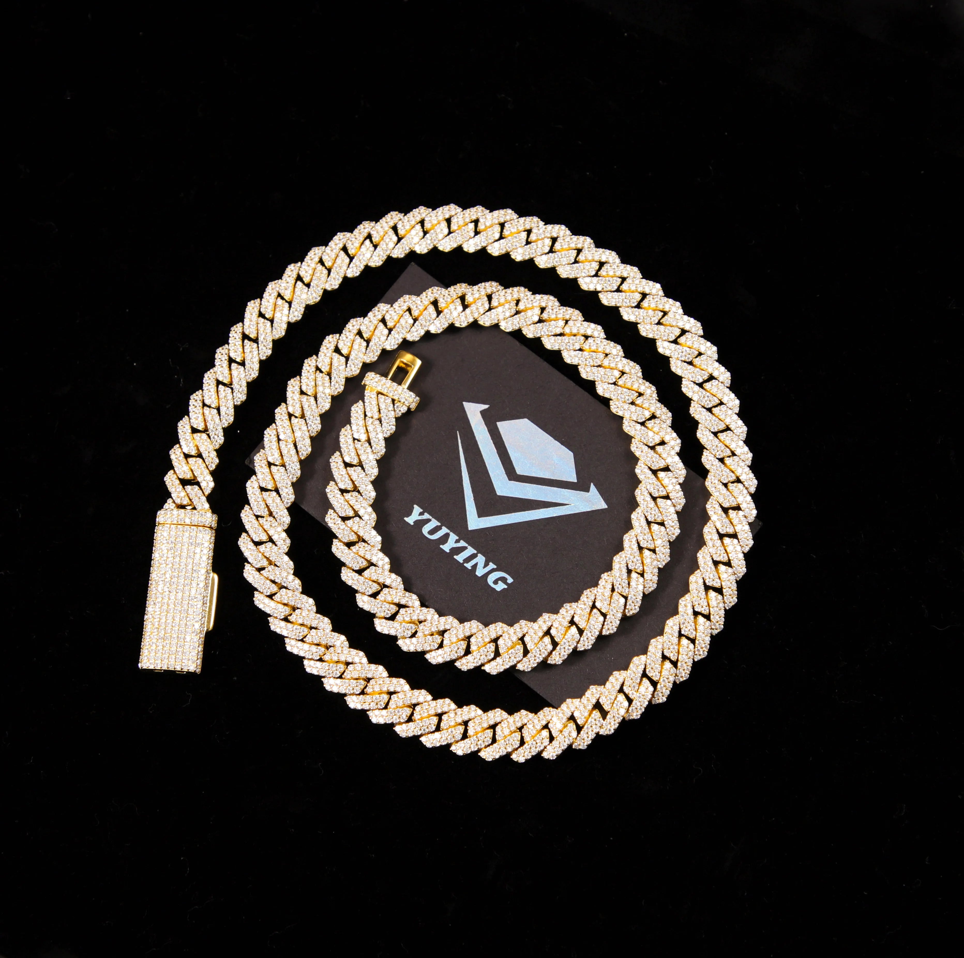 8mm-12mm Width 100% Pass Tester 18k Gold Plated 2rows VVS Moissanite  925 Silver Cuban Link Chain for Hip Hop Rapper Jewelry