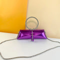 Metallic purple PU clutch with crystal ring handle, detachable silver chain strap, and elegant evening design.