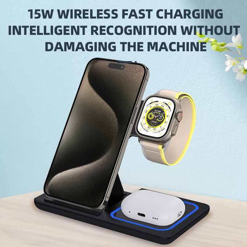 15W Three-in-One Fast Wireless Charger Foldable Desktop Multifunctional with PD Function for Mobile Phone Headset Watch Tidesmit