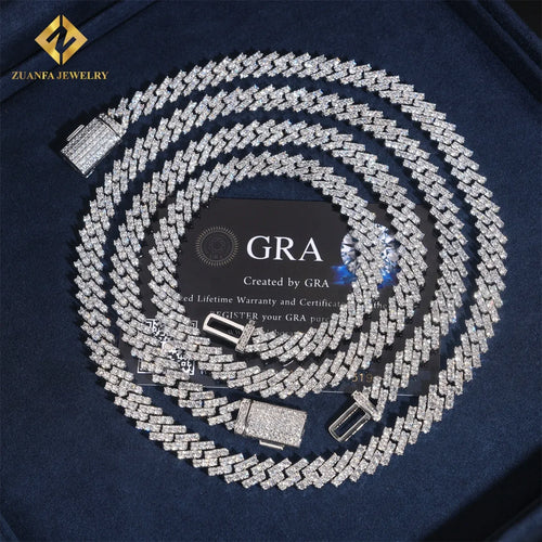 Iced-out silver cuban link chain with diamond pavé clasp. Luxurious moissanite hip-hop jewelry, GRA certified quality.