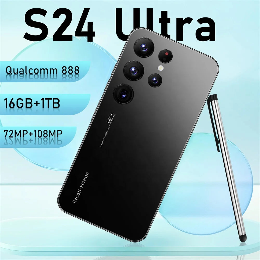 Tidesmit S24 Ultra 5G smartphone with 7.3 inch HD screen, 16GB RAM, 1TB storage, and Android 13 in sleek finish.