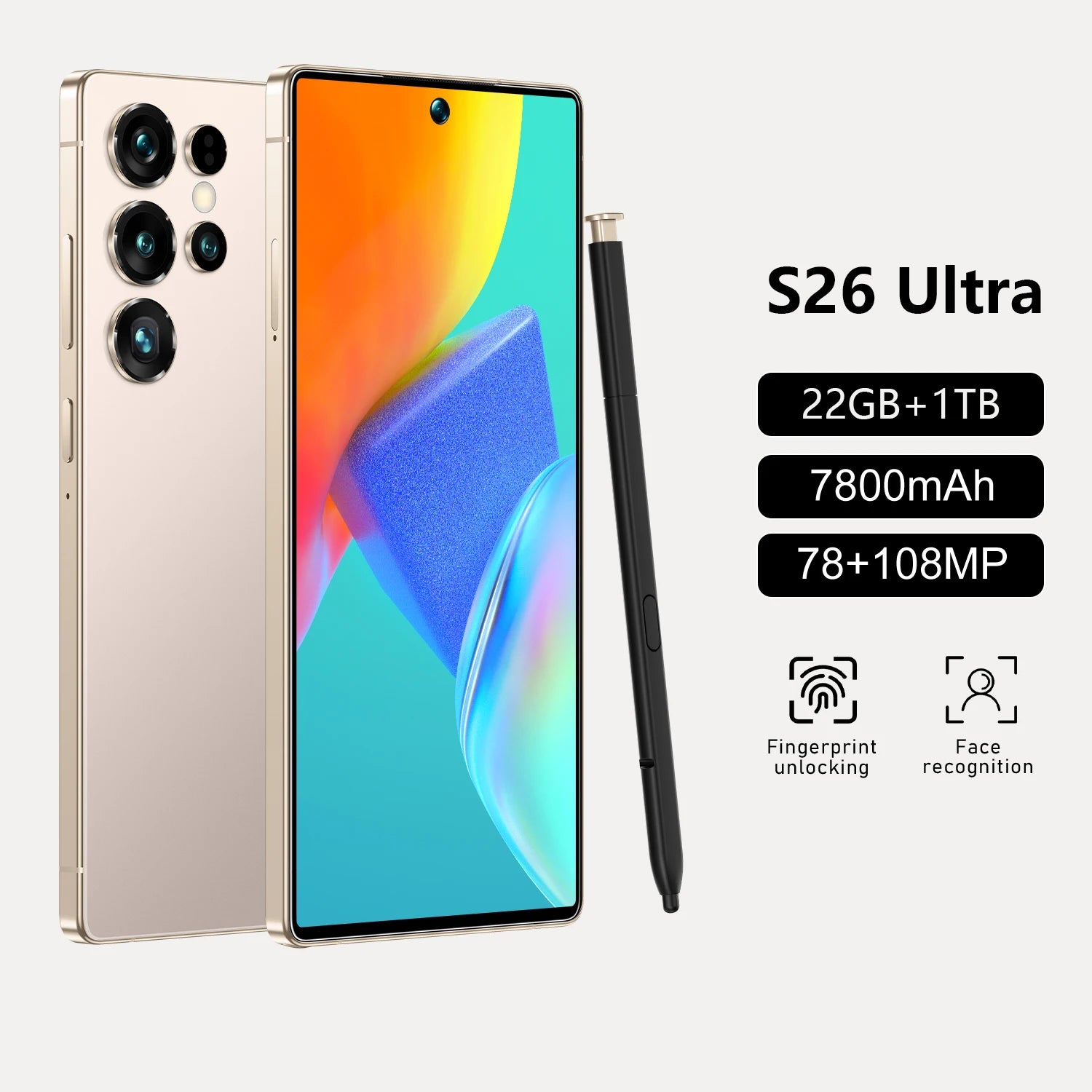 S26 Ultra 5G Smartphone, 22GB RAM, 1TB Storage, 7.3 Inch Screen Tidesmit