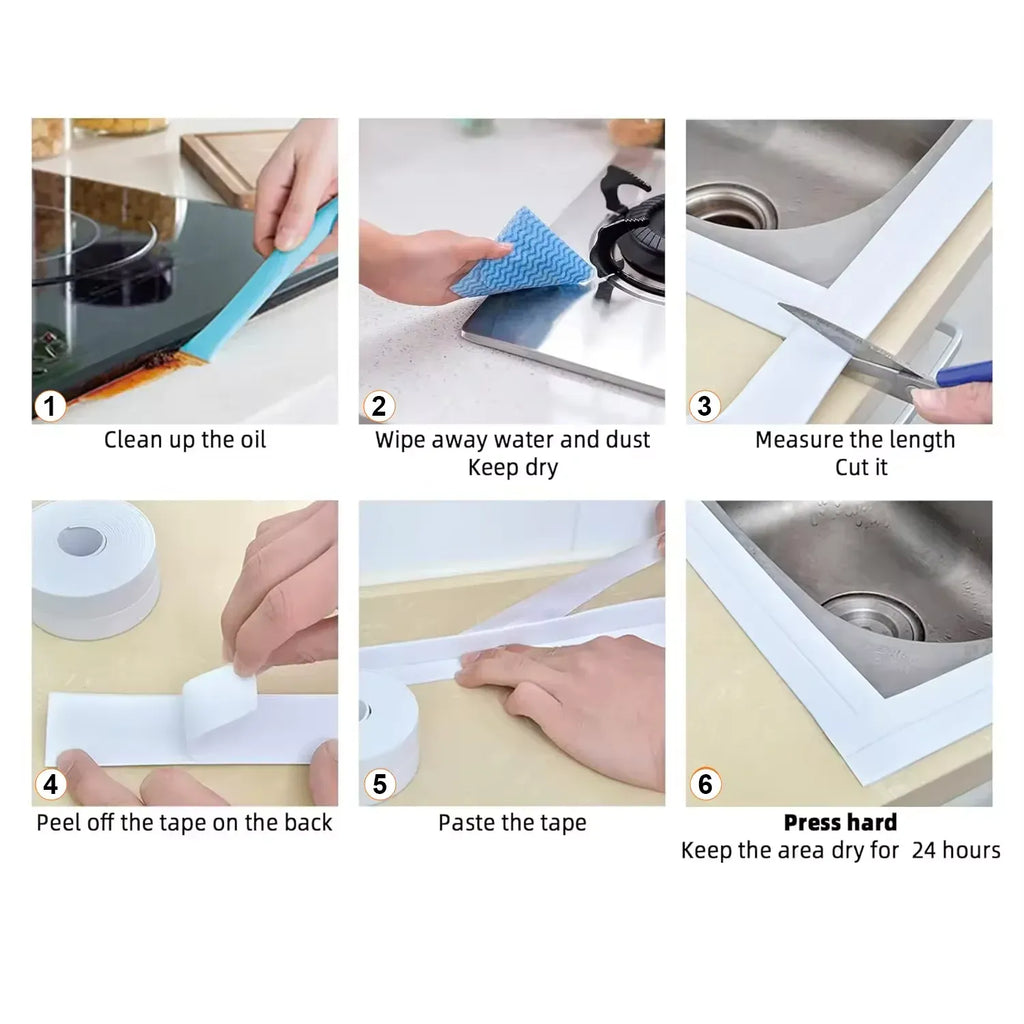 White caulk sealant tape installation steps: peel, paste, and press hard