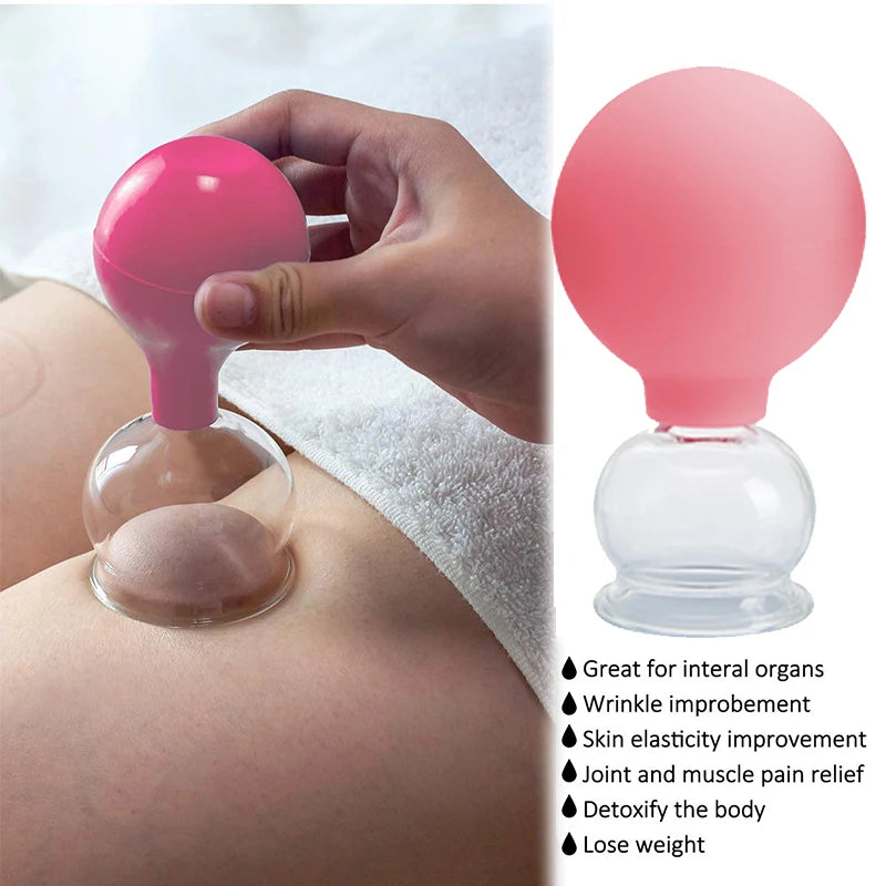 Pink silicone and glass vacuum cupping massage cup being used on skin, with a separate view of the cup on white.