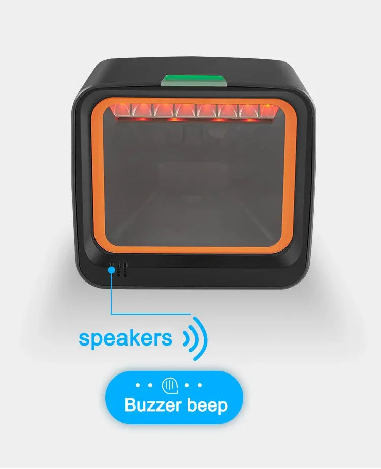 Desktop 2D barcode scanner with status light and buzzer sound icons
