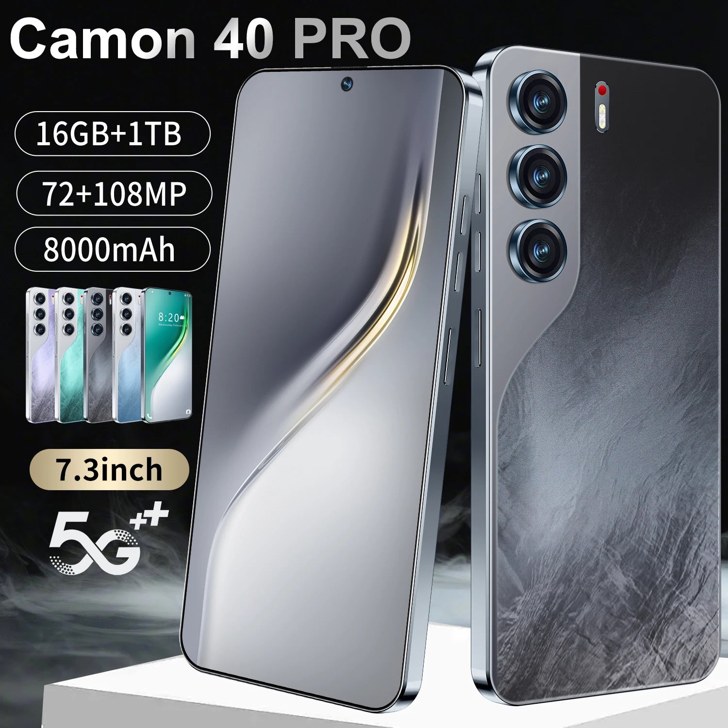 Tidesmit Camon 40 Pro 5G smartphone with Snapdragon 16GB RAM 1TB storage and US plug in sleek modern design.