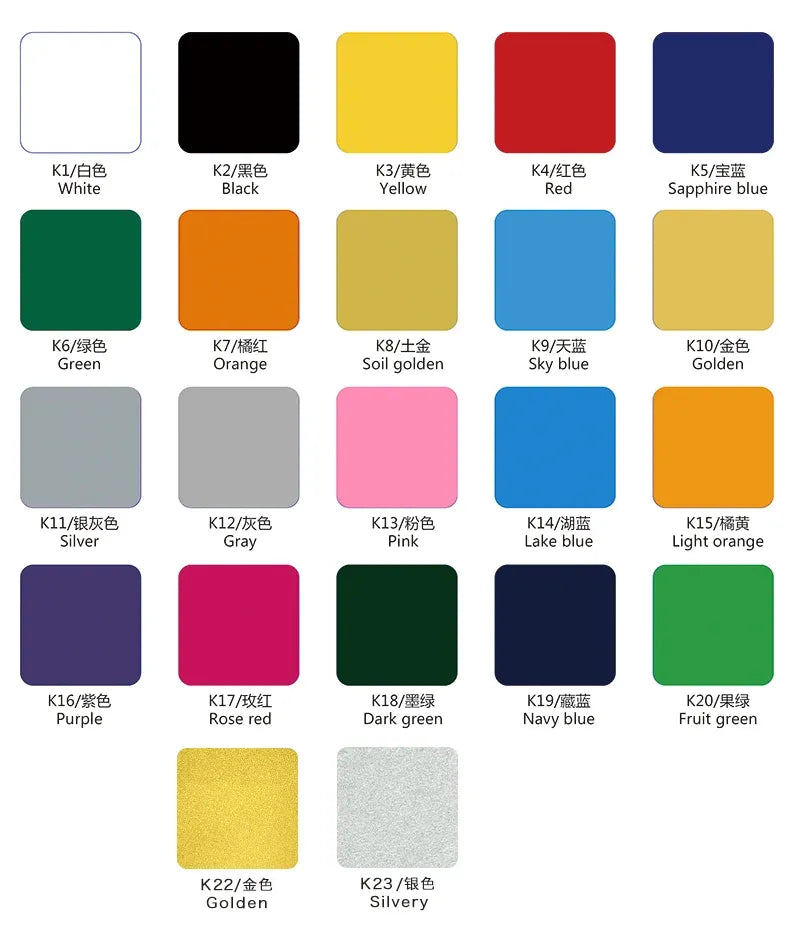 Heat transfer vinyl color swatch chart with labeled squares in multiple colors