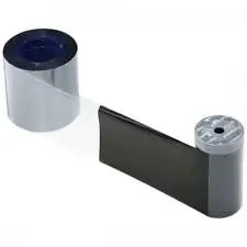 Two ribbon cartridges with silver and black cores and circular ink ribbon rolls