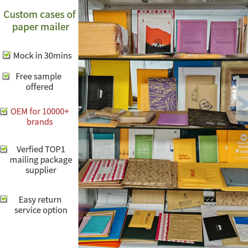 Assorted paper padded mailer envelopes stacked in a warehouse display