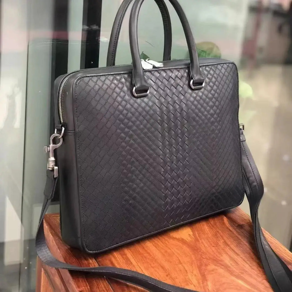 Luxury Embroidered Woven Leather Briefcase Men Imported Waxed Calfskin Slim Laptop Bag 13 Inch Business Office Handbag