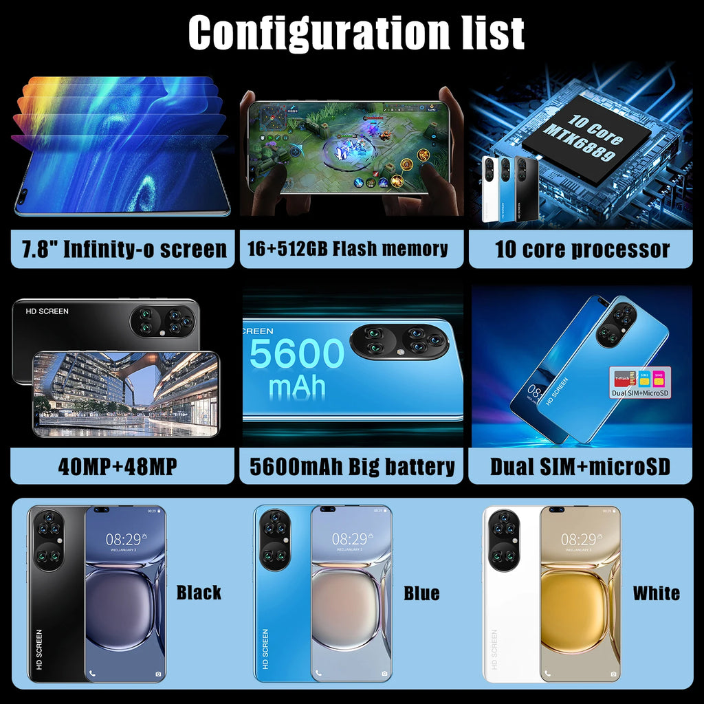 New P60 Pro 7.8 Inch 10 Core Smart Phone 16GB+512GB 4K HD GPS Navigation 5G Android SmartPhone 40+48MP Game Mobile Phone - Tidesmit