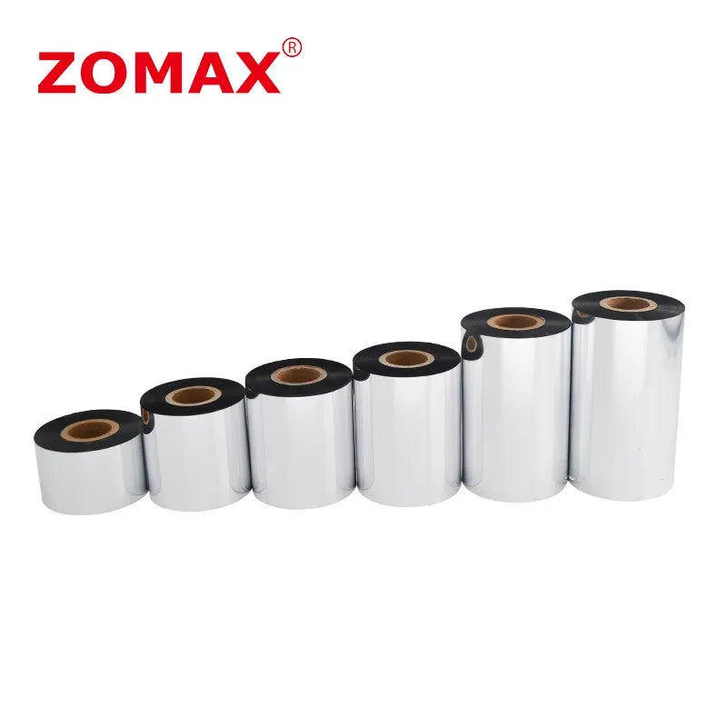 Black thermal transfer ribbon rolls lined up, each with black center core.