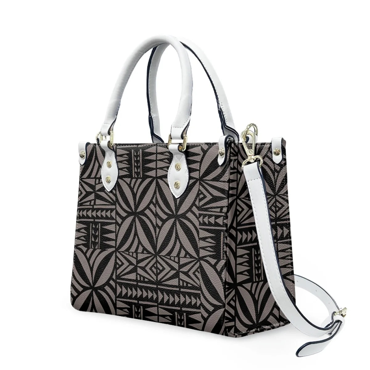 Black and grey Polynesian tribal print leather handbag with white handles, shoulder strap, and gold hardware details.