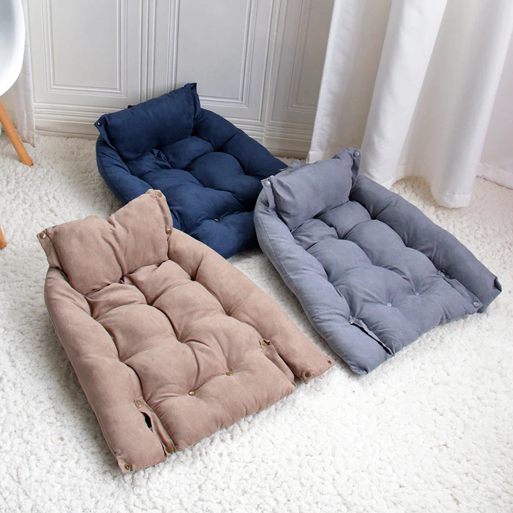 Soft, plush sofa pet beds in blue, grey, and brown for cozy winter sleeping, perfect for dogs and cats.