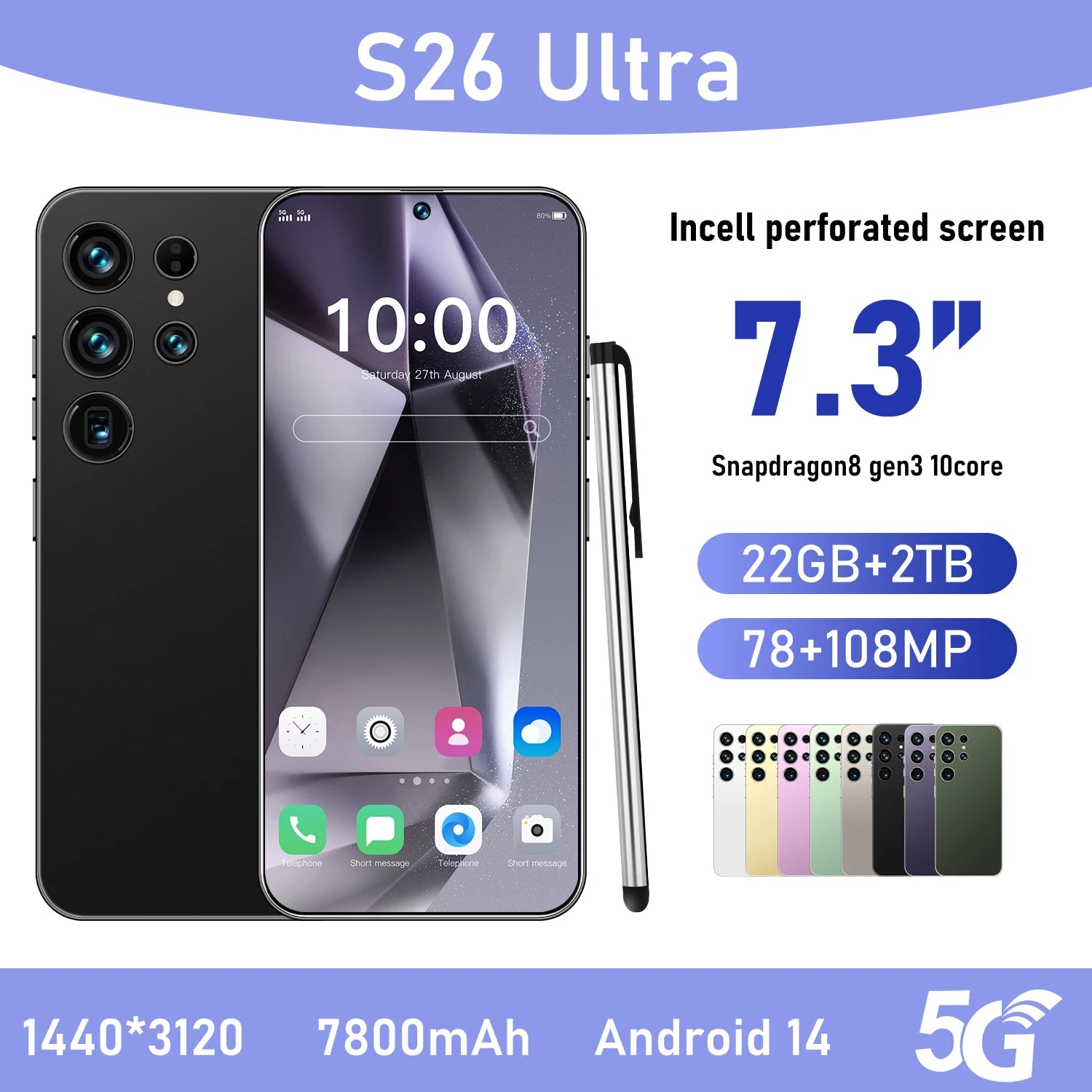2025 New Original S26 Ultra Smartphones 22GB+2TB 5G Dual SIM Mobile Phone HD Face Unlock Android 14 5G Phone - Tidesmit