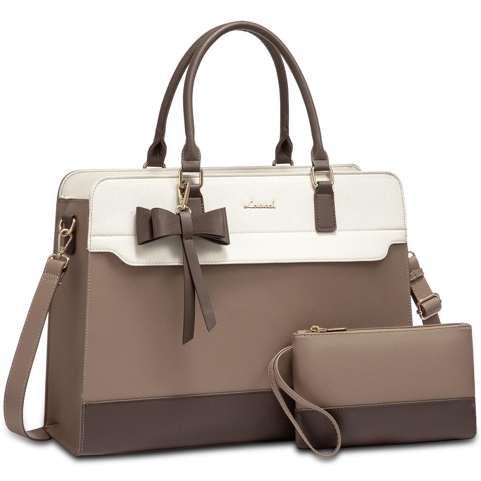 LOVEVOOK two-tone faux leather laptop tote bag with bow detail, matching wristlet, and adjustable shoulder strap.