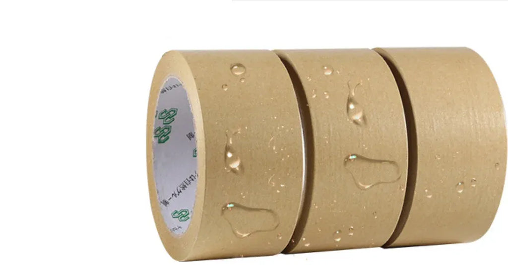 Water-dampened kraft tape rolls with droplets on the outer surface