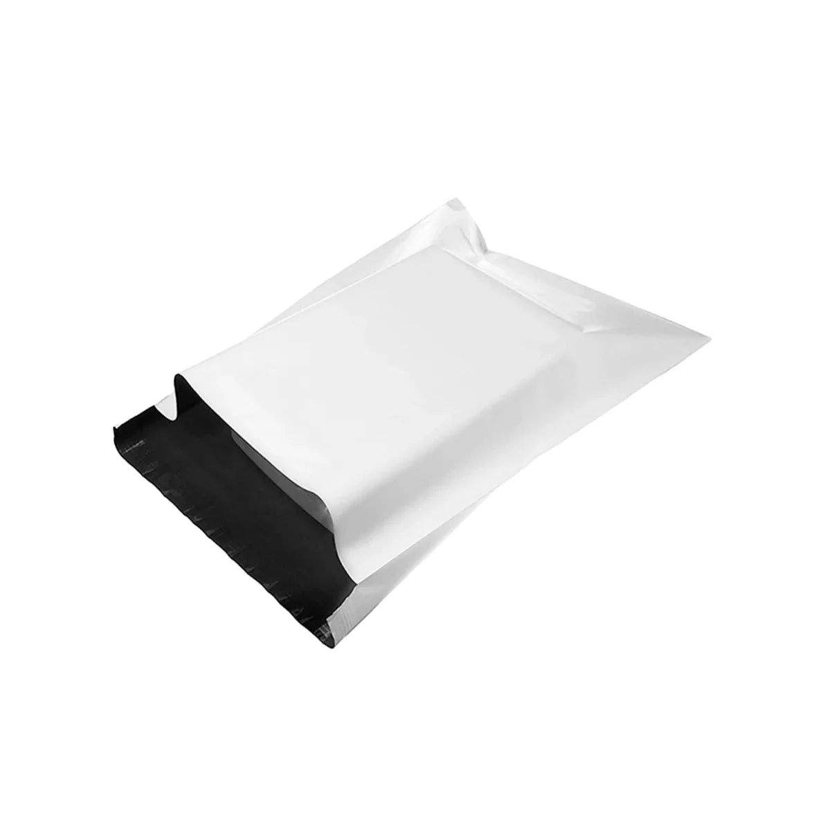 White poly mailer envelope-style shipping bag, folded with dark sealing strip