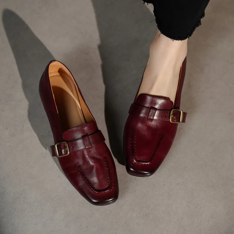 Genuine Leather Women's Loafers Square Toe Slip-On Low Heel Dress Shoes Anti-Slip All Seasons