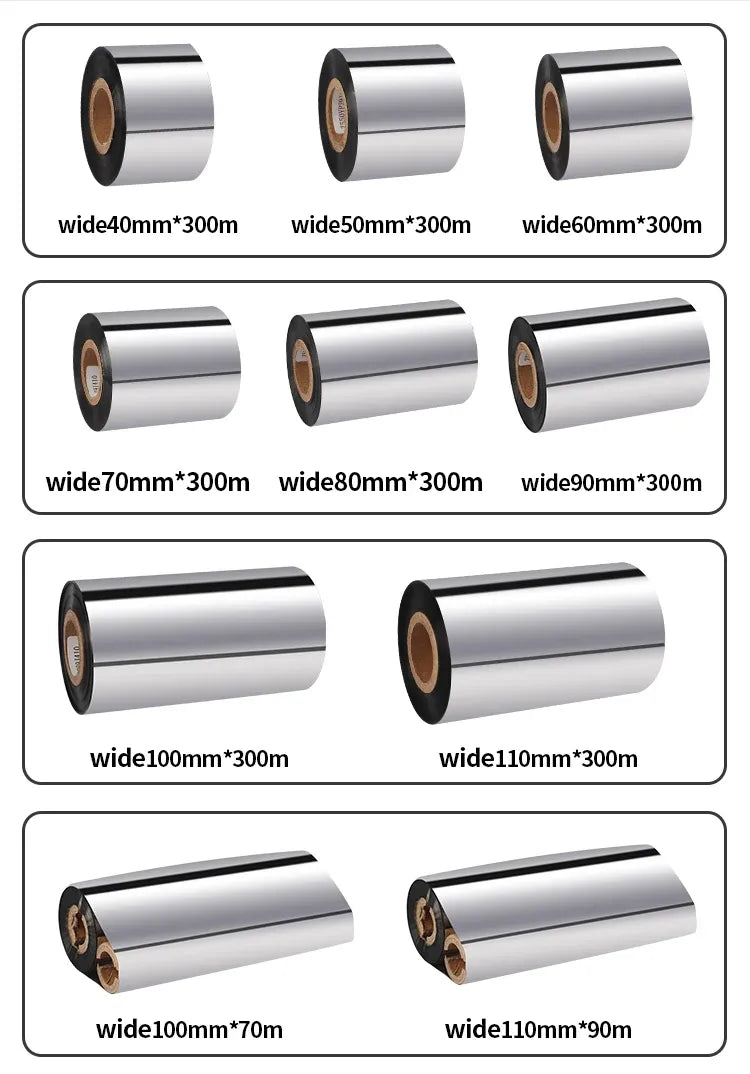 Barcode ribbon sample rolls showing various widths, shiny silver film and black rims