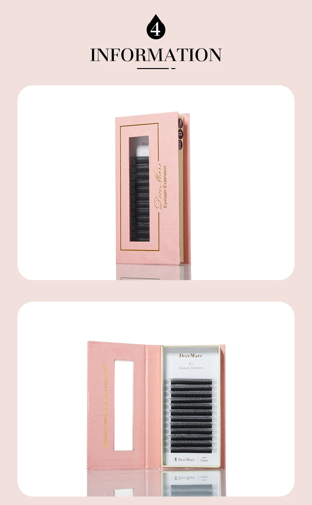 Pink packaging for 4D W-shaped eyelash extensions, 0.07mm volume set by DeceMars, shown closed and open.