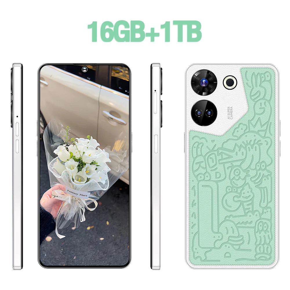 Tidesmit C20 Pro 7.3 inch smartphone with 16GB RAM and 1TB storage, sleek global Android mobile device
