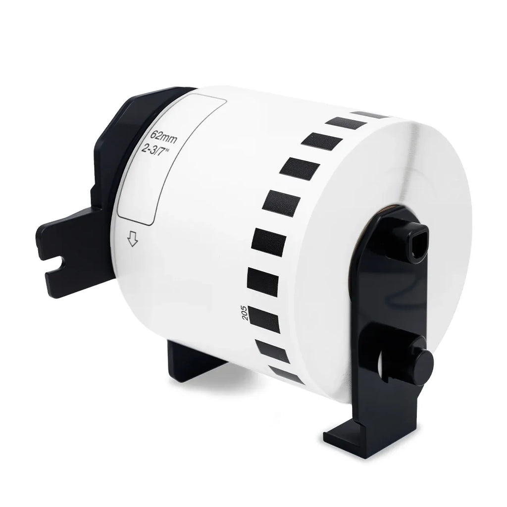 White thermal label paper roll with black printed barcode markers, DK 2205 style