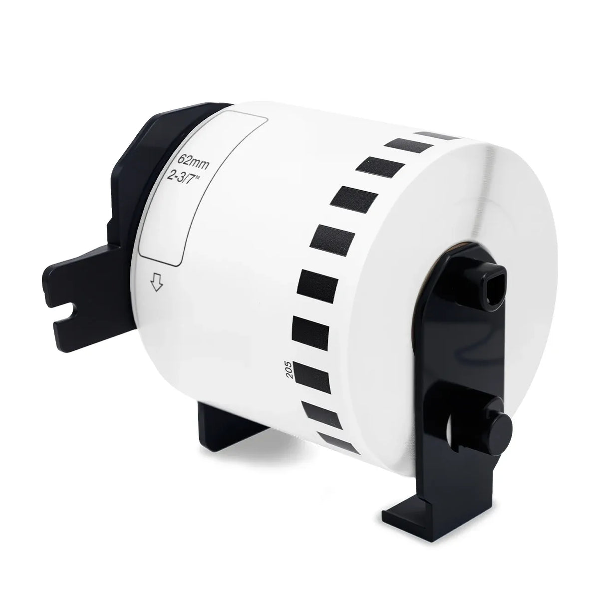 White thermal label paper roll with black printed barcode markers, DK 2205 style
