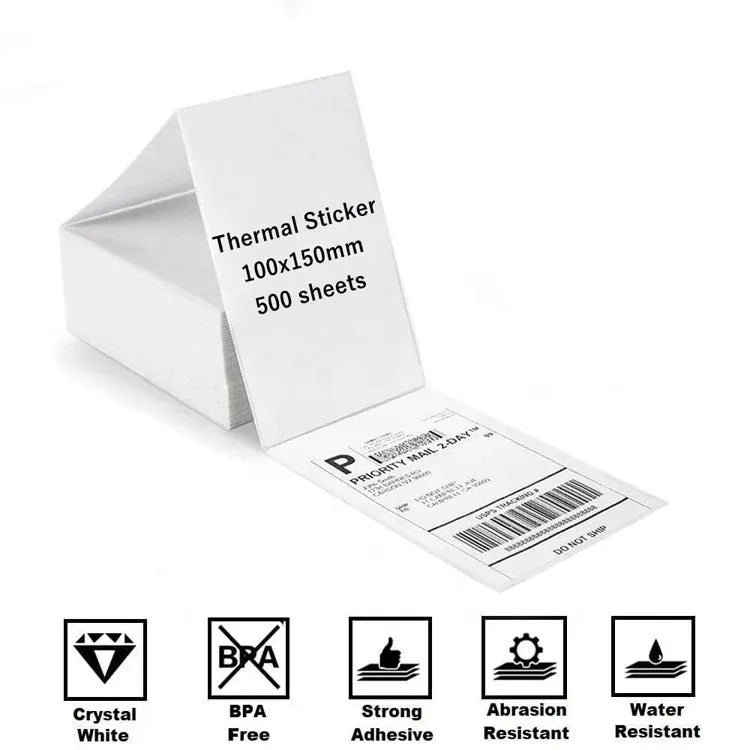 Thermal sticker label sheets, 500 sheets, with barcoded shipping label strip