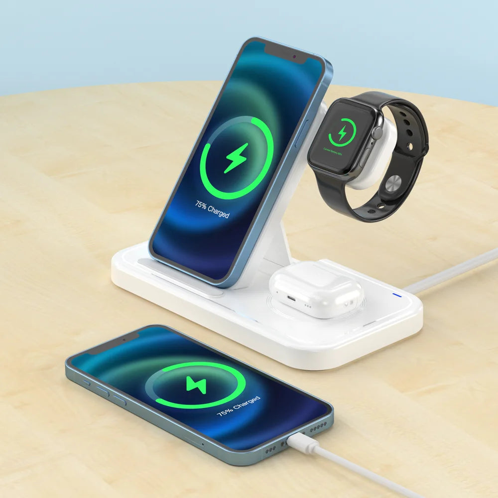 Shenzhen Factory's 3-in-1 15W/5W/3W Foldable Wireless Charger Holder for Smartphones Smart Watches Direct Multifunctional Device Tidesmit