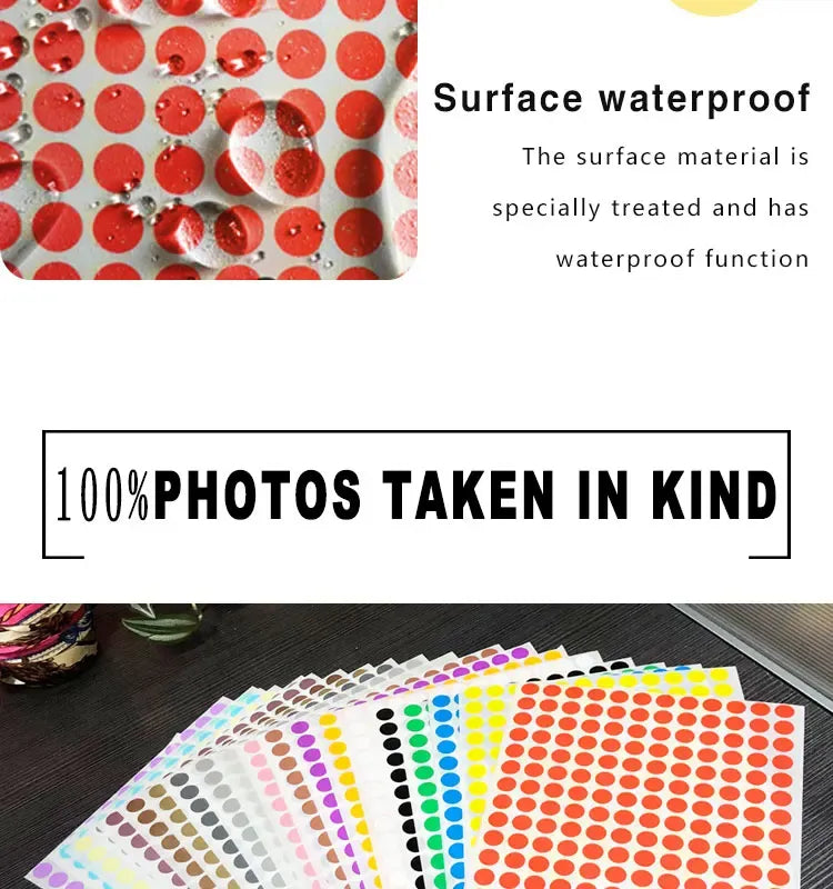 Close-up of red round dot stickers with text describing surface waterproofing