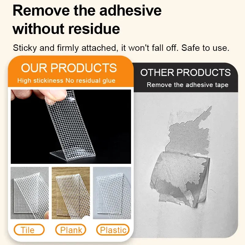 Transparent mesh adhesive tape sheet on backing, designed to remove without residue