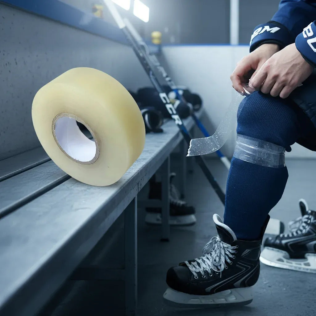 Pale yellow hockey tape roll and strip being applied to a socked leg