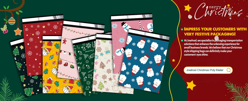 Festive Christmas poly mailer packaging banner showing several colorful envelope designs