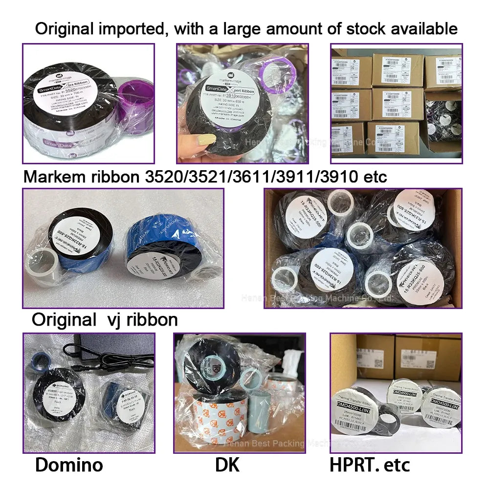 Packaged black wax-resin thermal transfer ribbon rolls, labeled spools in plastic wrapping