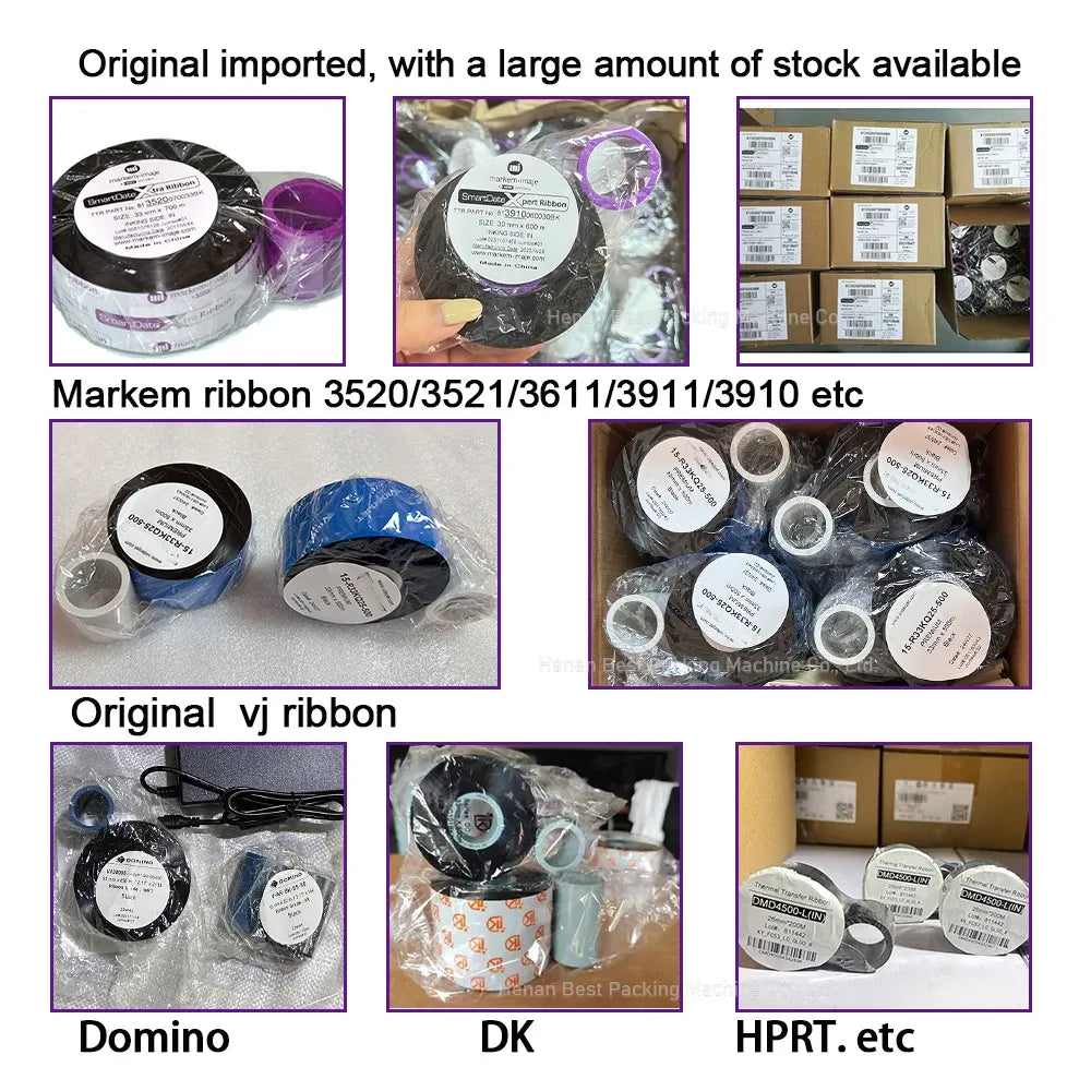 Packaged wax/resin ink ribbon rolls with black labels, bundled for shipping