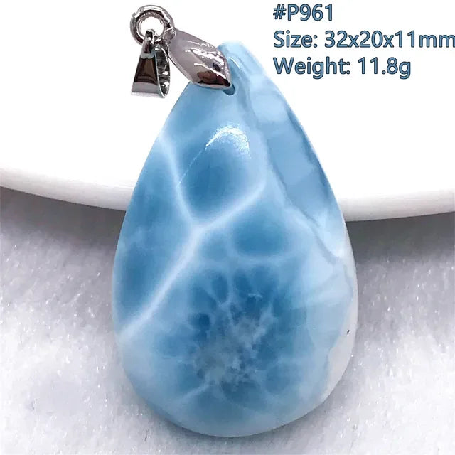 Natural Blue Larimar Trendy Necklace Pendant Women Men Gift Beads 925 Sterling Silver Dominica Water Drop Crystal Stone Jewelry